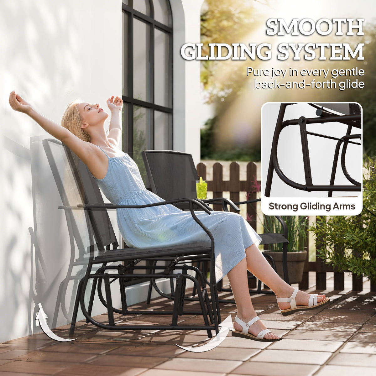 Double Patio Glider Chair with Glass Top Center Table, All Weather Breathable Mesh Fabric, Black — product view 6
