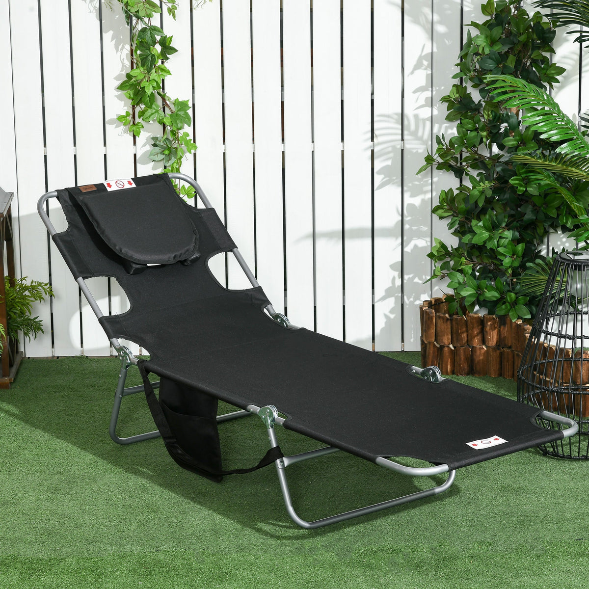 Folding Lounge Chair with Face Hole, Side Pocket and Strap, Black — product view 4