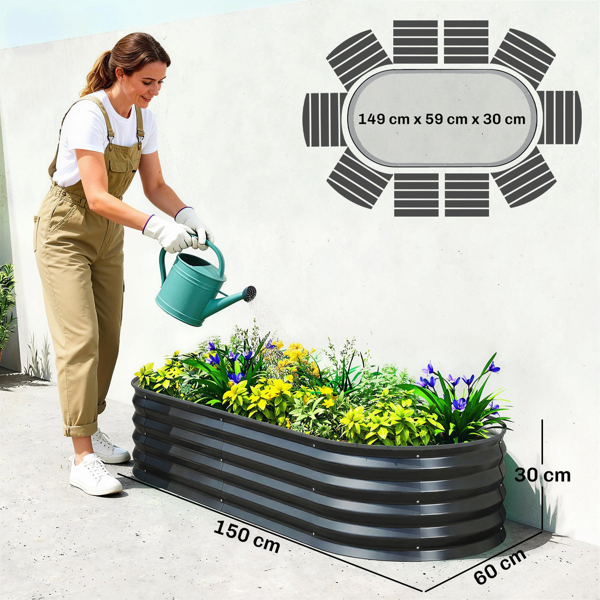 Set of 2 Galvanised Raised Beds with Stakes, 150 x 60 x 30 cm, Dark Grey — product view 5