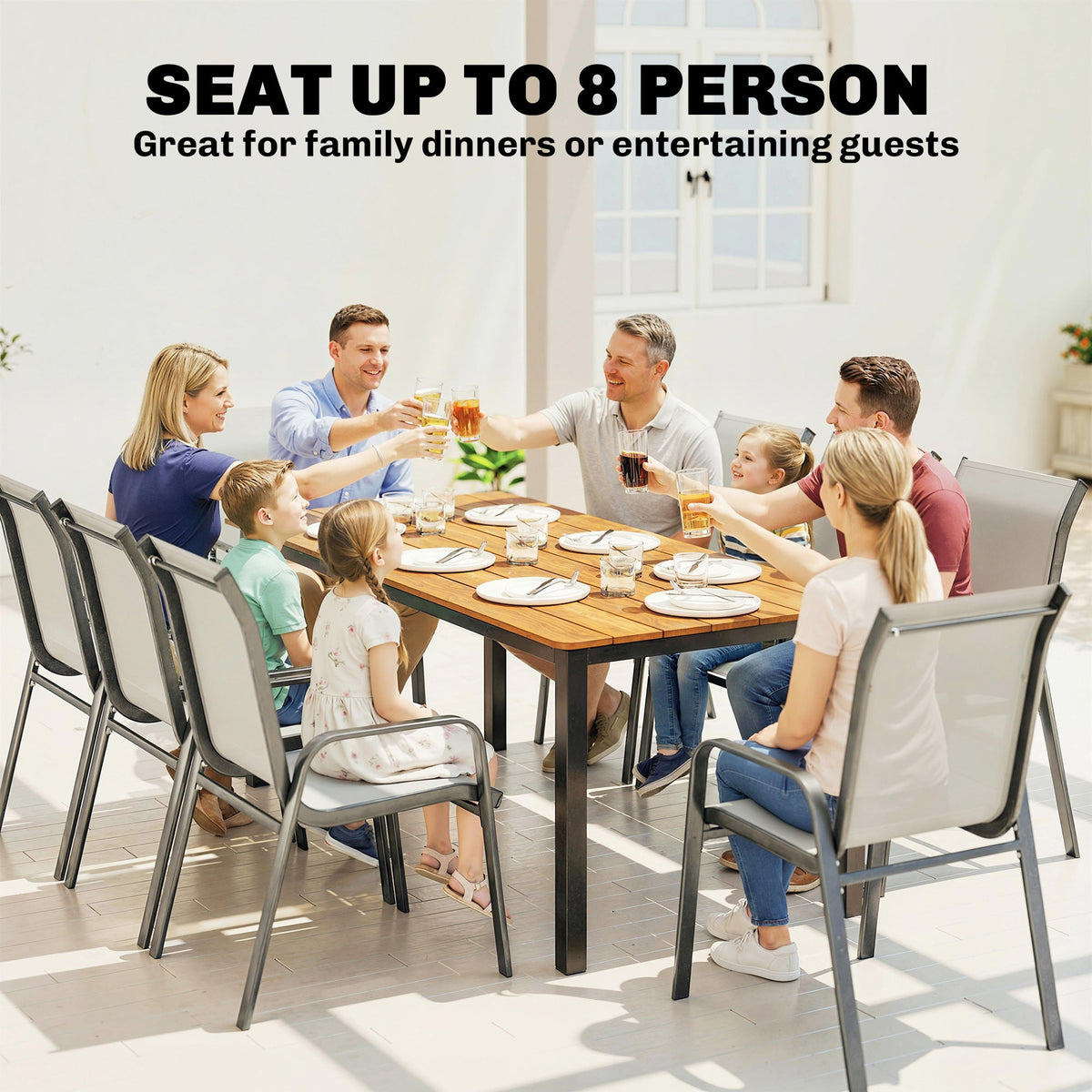 180 x 86 cm Garden Dining Table for 6-8 with Wood Slatted Top, Teak — product view 6