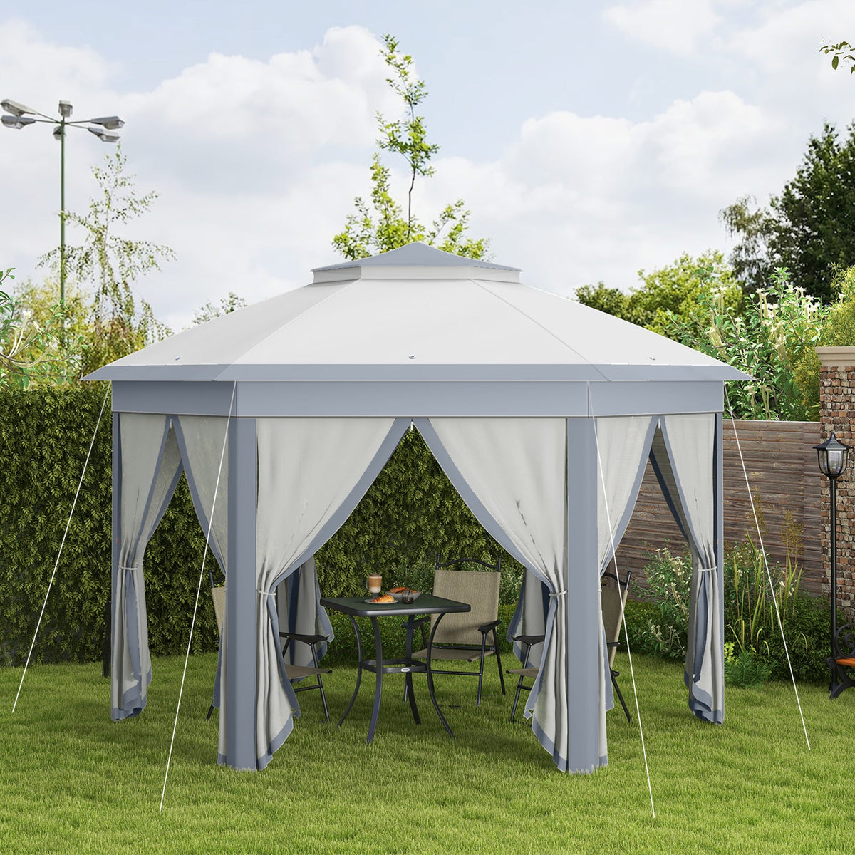 13' x 13' Hexagonal Pop Up Gazebo with Mesh Netting, Gray — product view 4
