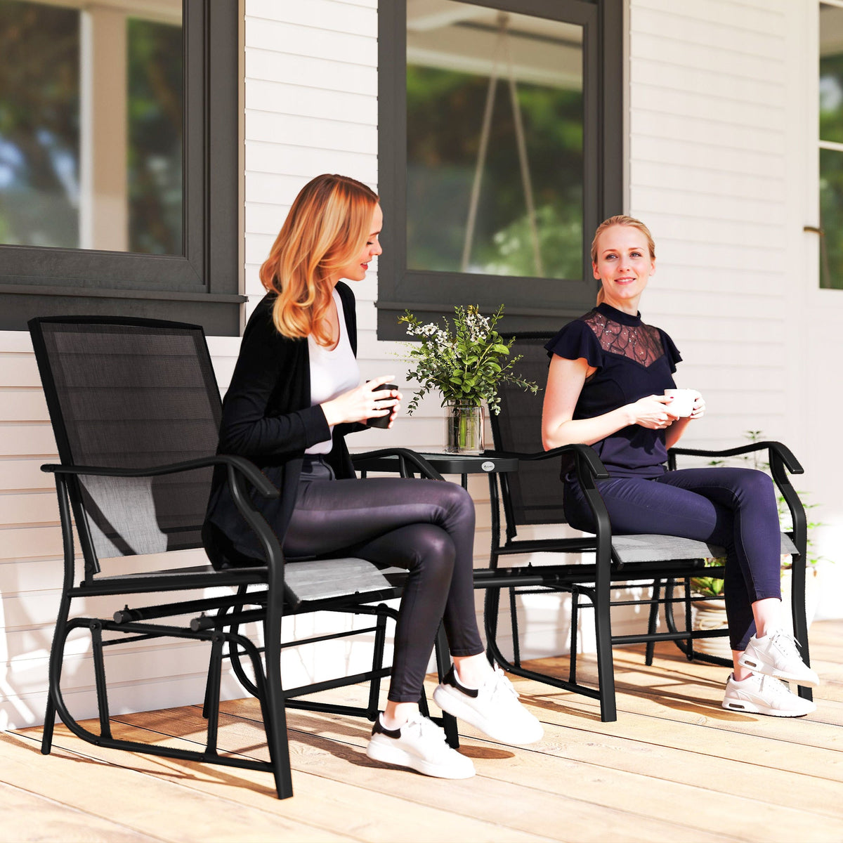 Double Patio Glider Chair with Glass Top Center Table, All Weather Breathable Mesh Fabric, Black — product view 3
