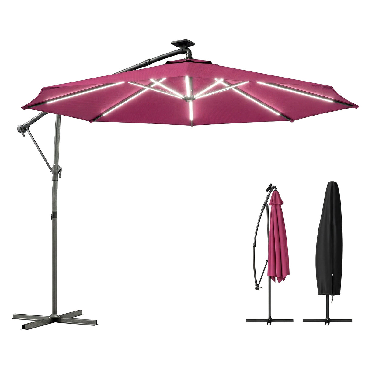 3 m Cantilever Parasol with Solar LED Light, Cover & 360° Rotation, Wine Red — product view 2