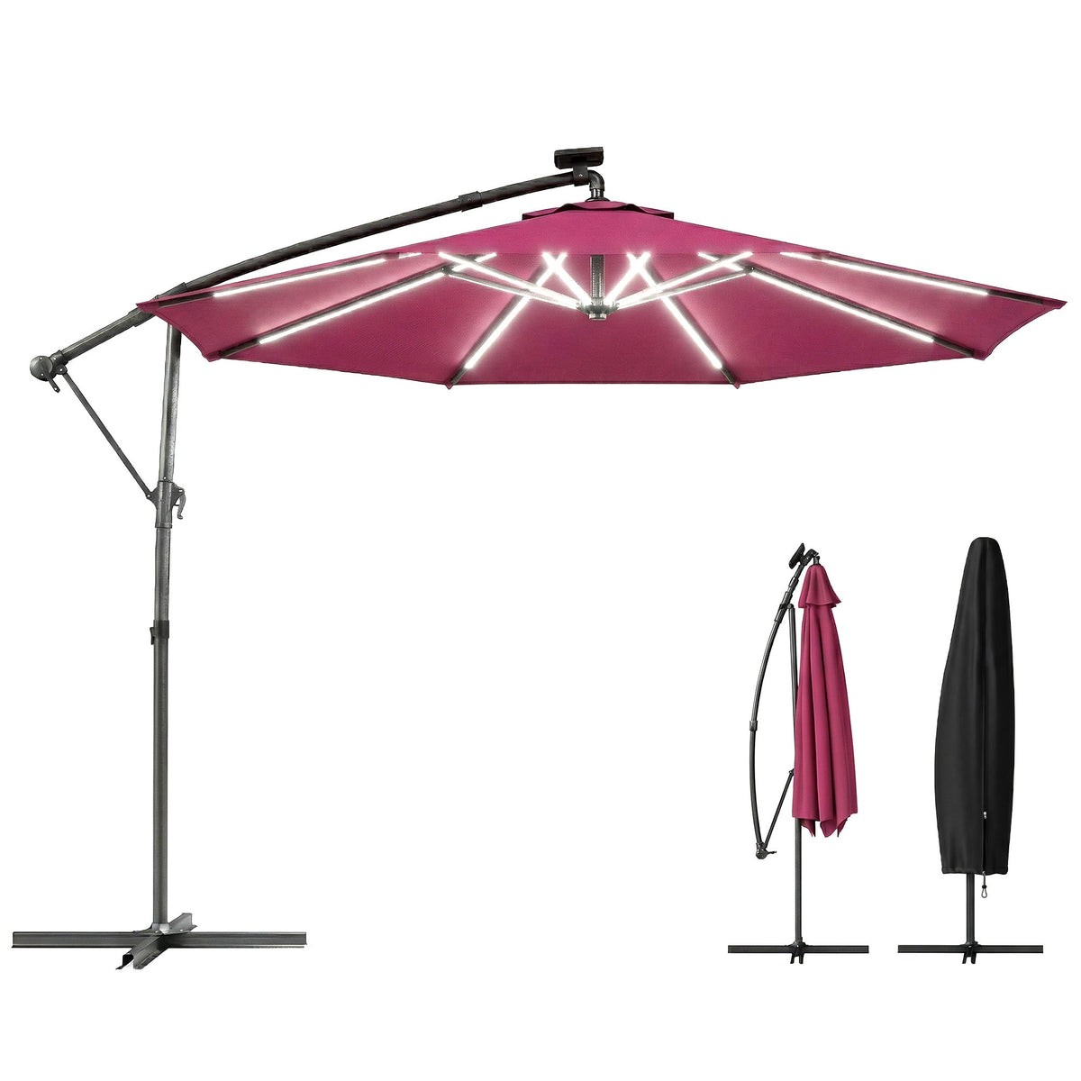 3 m Cantilever Parasol with Solar LED Light, Cover & 360° Rotation, Wine Red — product view 1