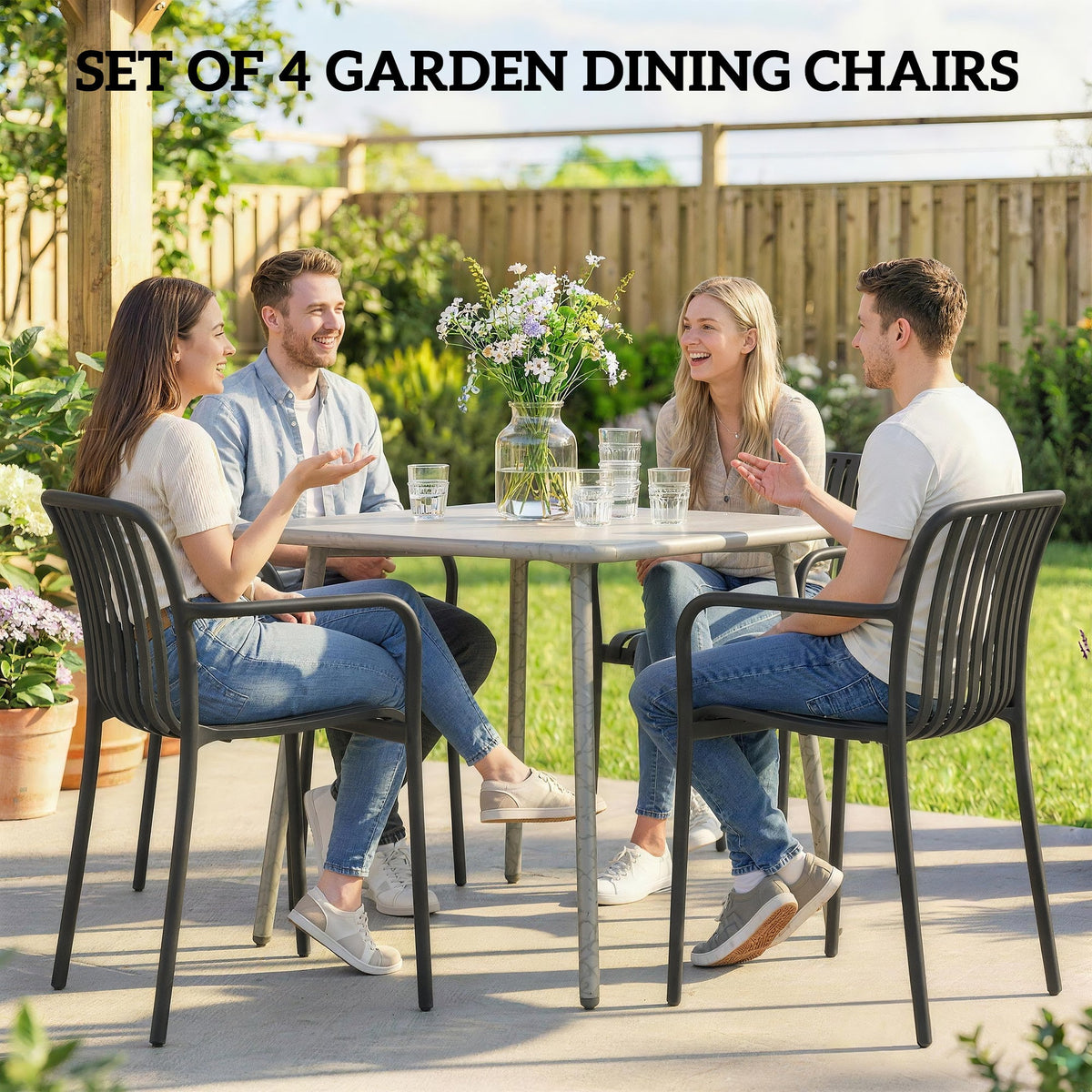 Stackable Patio Dining Chairs 4-Pack, Plastic Curved Back with Armrests, Black — product view 6