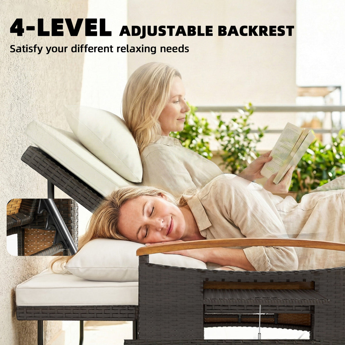 Rattan Daybed with Adjustable Backrest, Storage Ottoman, Beige — product view 7