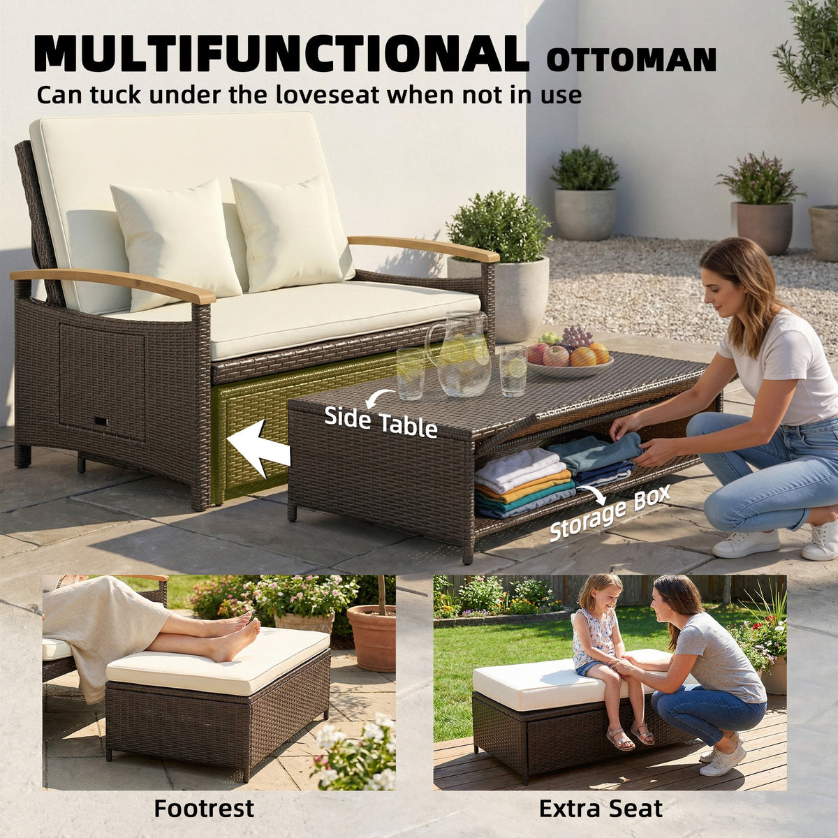 Rattan Daybed with Adjustable Backrest, Storage Ottoman, Beige — product view 6