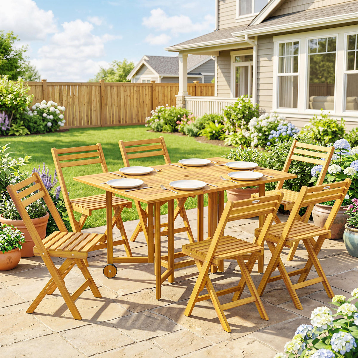 7-Piece Extending Acacia Dining Set with 6 Folding Chairs & Umbrella, Natural — product view 3