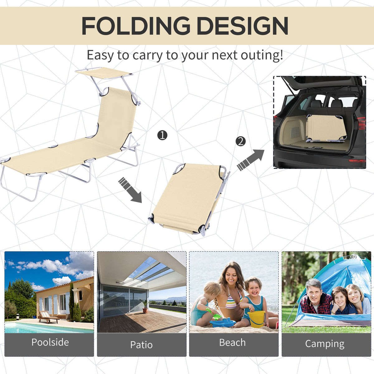 Adjustable Folding Lounge Chair with Sun Shade, Beige — product view 7