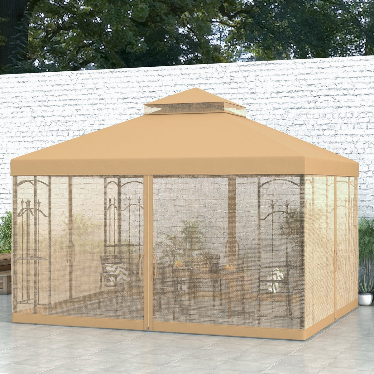 10' x 12' Patio Gazebo with Corner Shelves and Netting, Brown — product view 3
