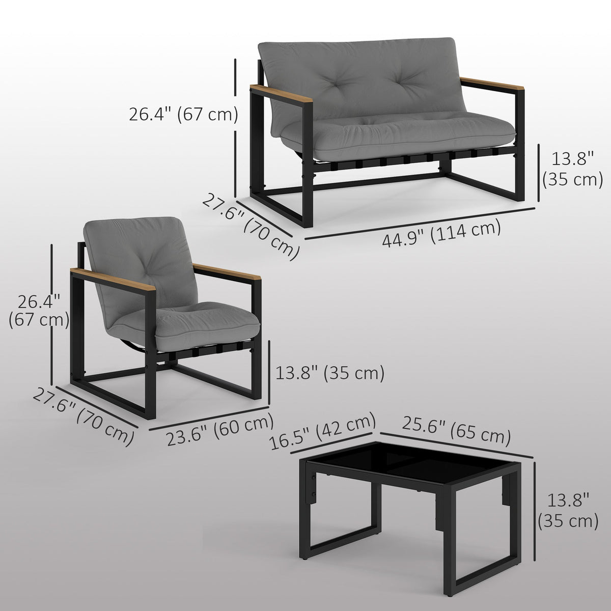 4 Piece Patio Furniture Set with Loveseat, Coffee Table and Thick Cushions, Light Grey — product view 5