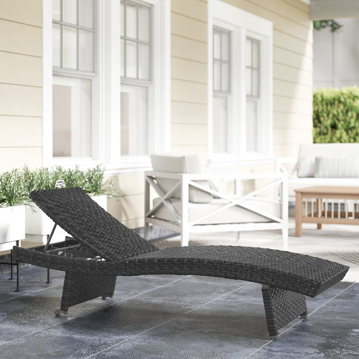 Folding PE Rattan Sun Lounger with Wheels & Adjustable Backrest, Black — product view 3