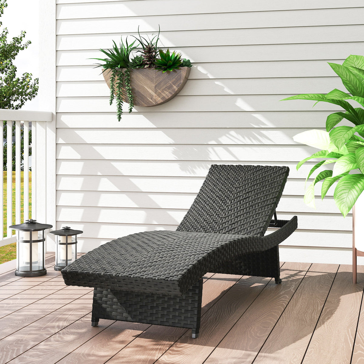 Folding PE Rattan Sun Lounger with Wheels & Adjustable Backrest, Black — product view 4