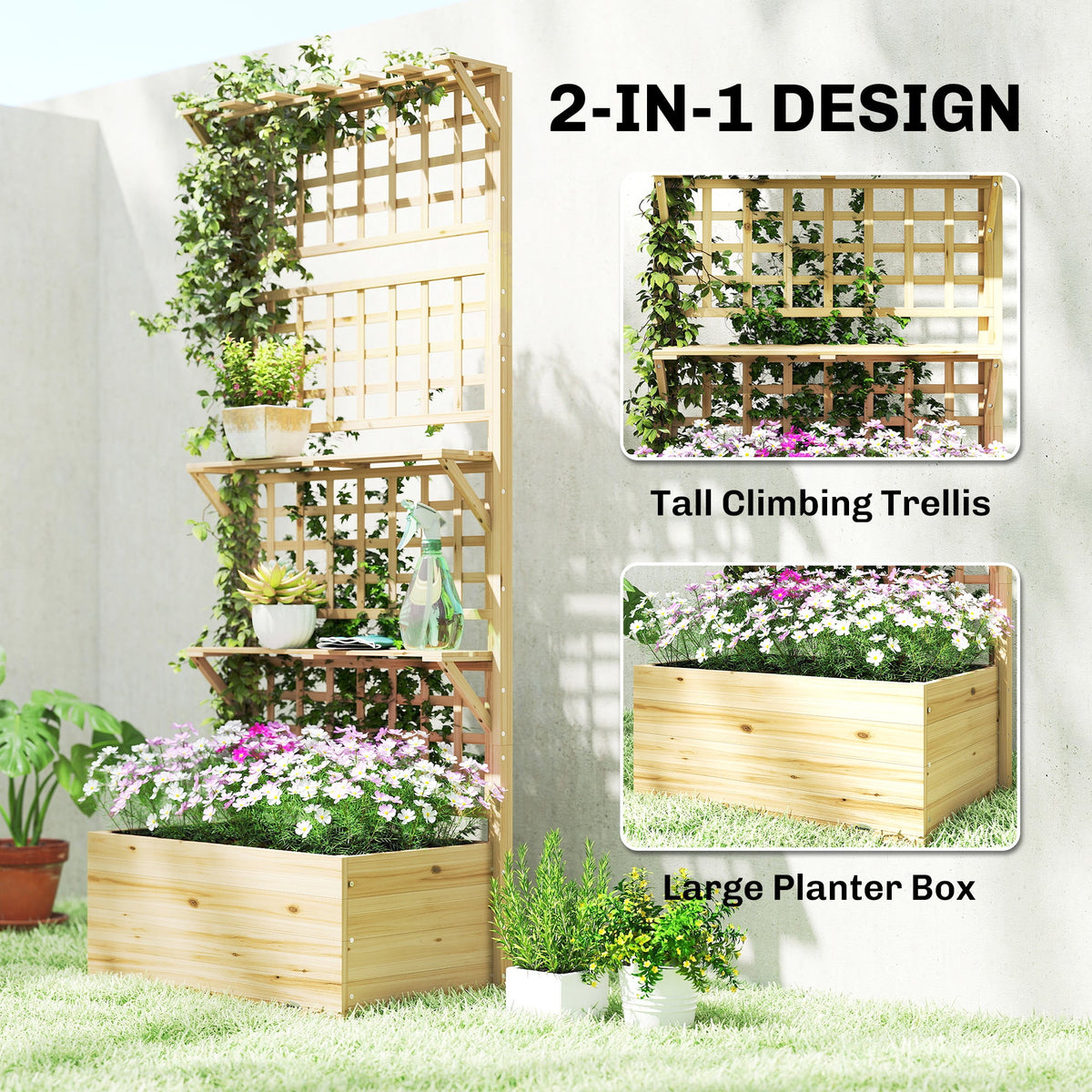 Raised Garden Bed with Trellis, Roof and 2 Shelves, Natural — product view 6