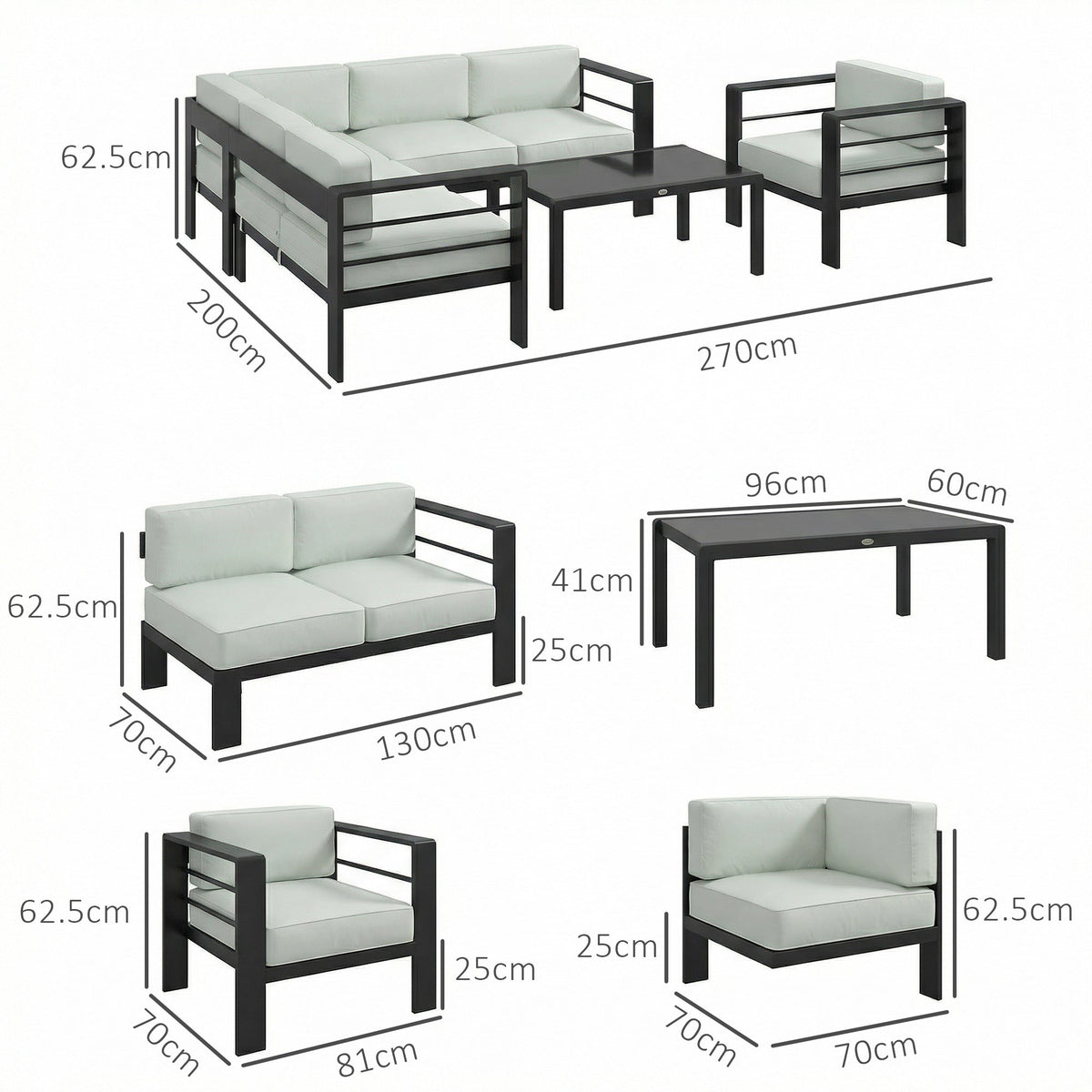 5 Piece Aluminium Garden Corner Sofa Set with Glass Top Table, Light Grey — product view 5