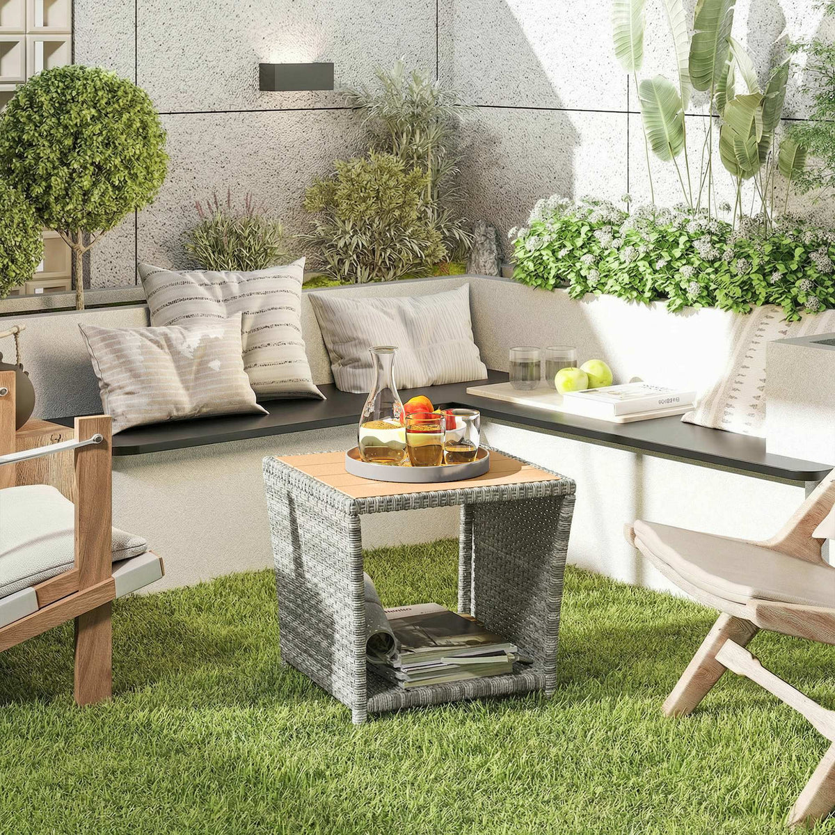 2-Tier PE Rattan Side Table with Storage Shelf, Light Grey — product view 3