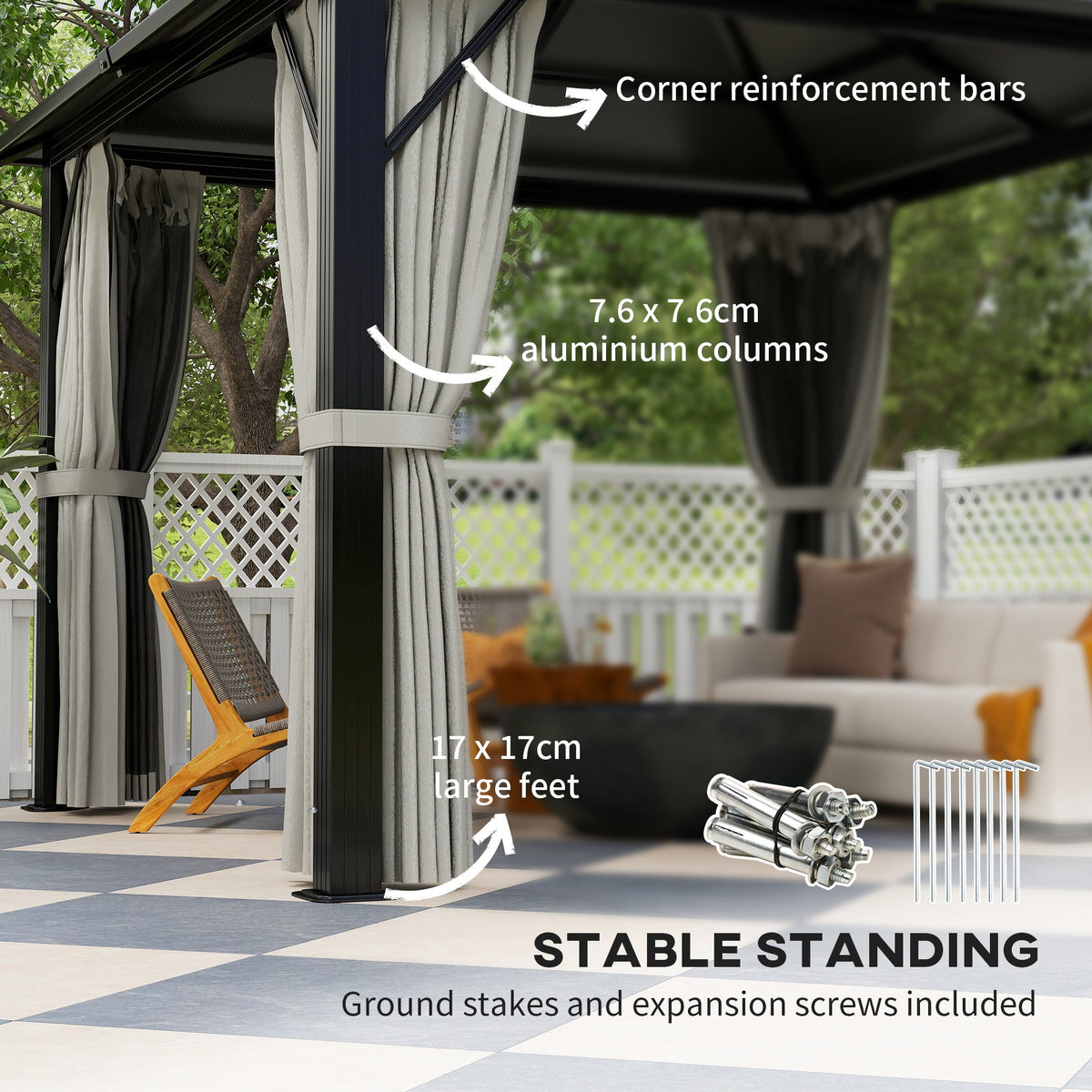 3 x 3m Hardtop Gazebo with Double Polycarbonate Roof, Curtains & Netting, Grey — product view 7