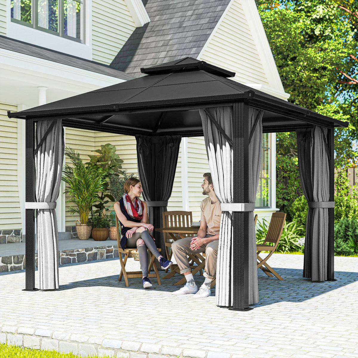 3 x 3m Hardtop Gazebo with Double Polycarbonate Roof, Curtains & Netting, Grey — product view 3