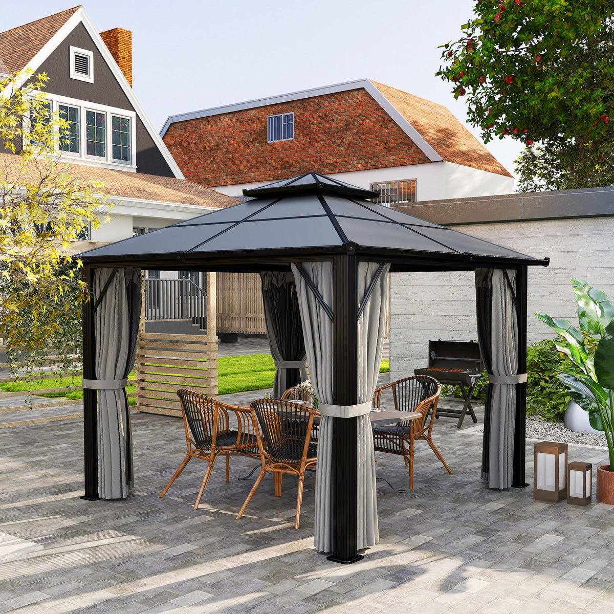 3 x 3m Hardtop Gazebo with Double Polycarbonate Roof, Curtains & Netting, Grey — product view 4