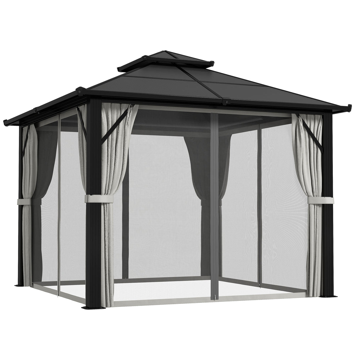 3 x 3m Hardtop Gazebo with Double Polycarbonate Roof, Curtains & Netting, Grey — product view 1