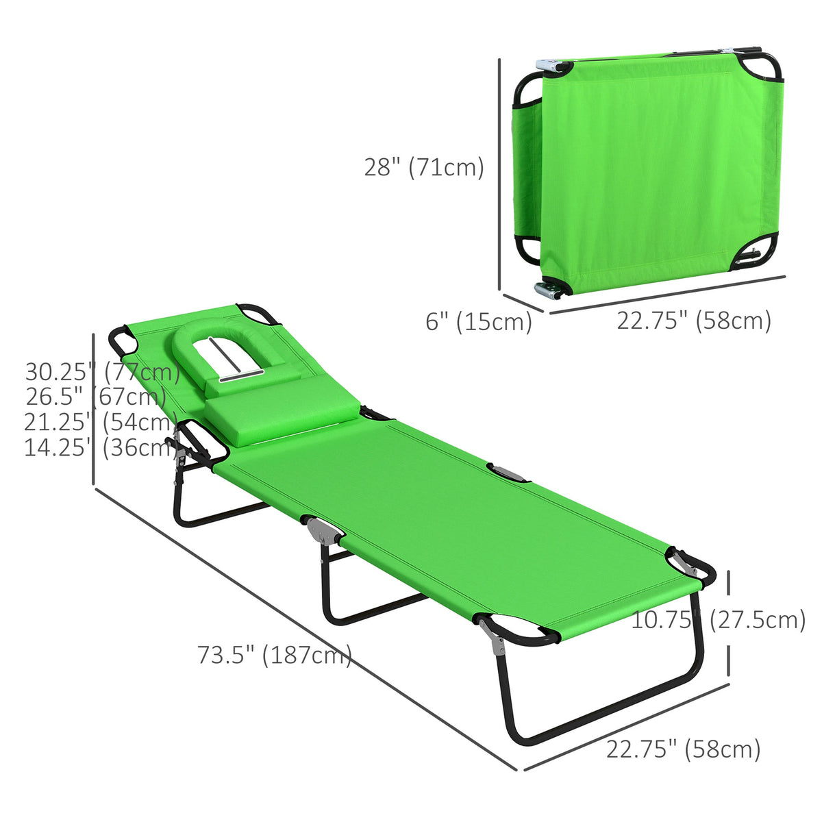 2pcs Adjustable Outdoor Lounge Chairs with Face Hole, Green — product view 5