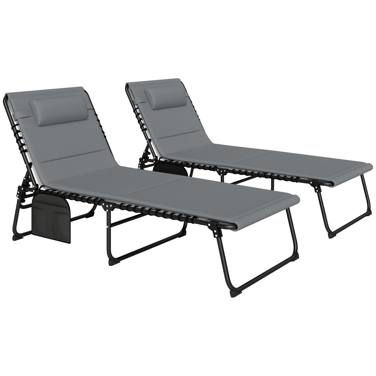 Set of 2 Folding Sun Loungers with Headrest & Side Pocket, Charcoal Grey — product view 1