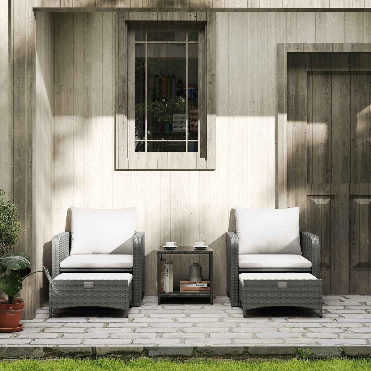 5 Piece Rattan Patio Set with 2 Chairs, 2 Ottomans & 2-Tier Table, Cream White — product view 4