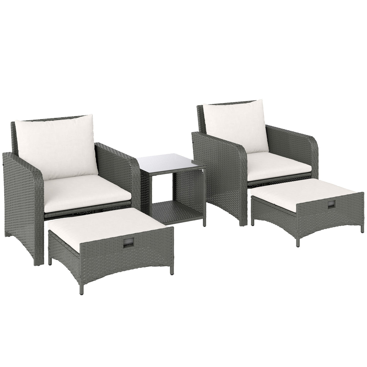 5 Piece Rattan Patio Set with 2 Chairs, 2 Ottomans & 2-Tier Table, Cream White — product view 1
