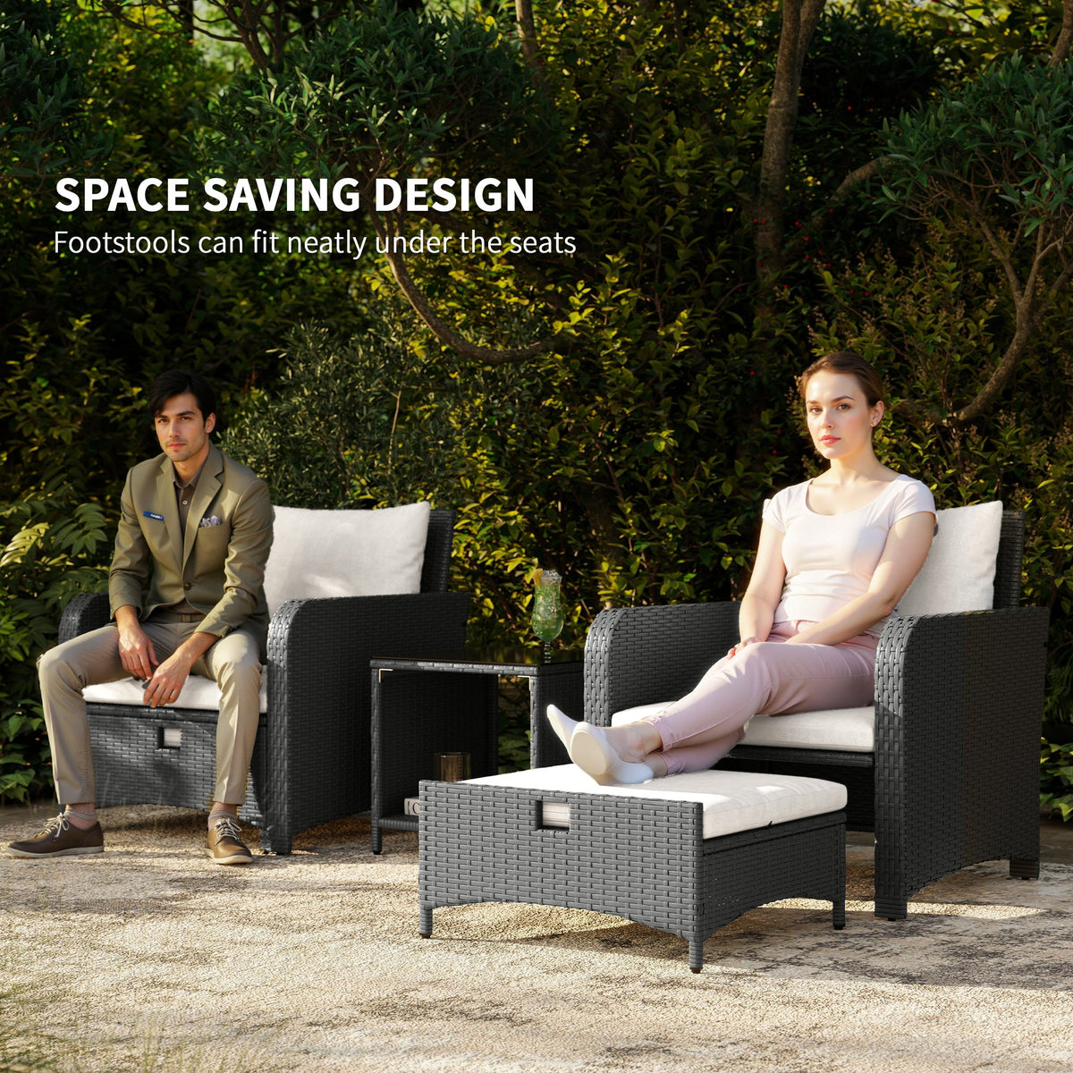 5 Piece Rattan Patio Set with 2 Chairs, 2 Ottomans & 2-Tier Table, Cream White — product view 6