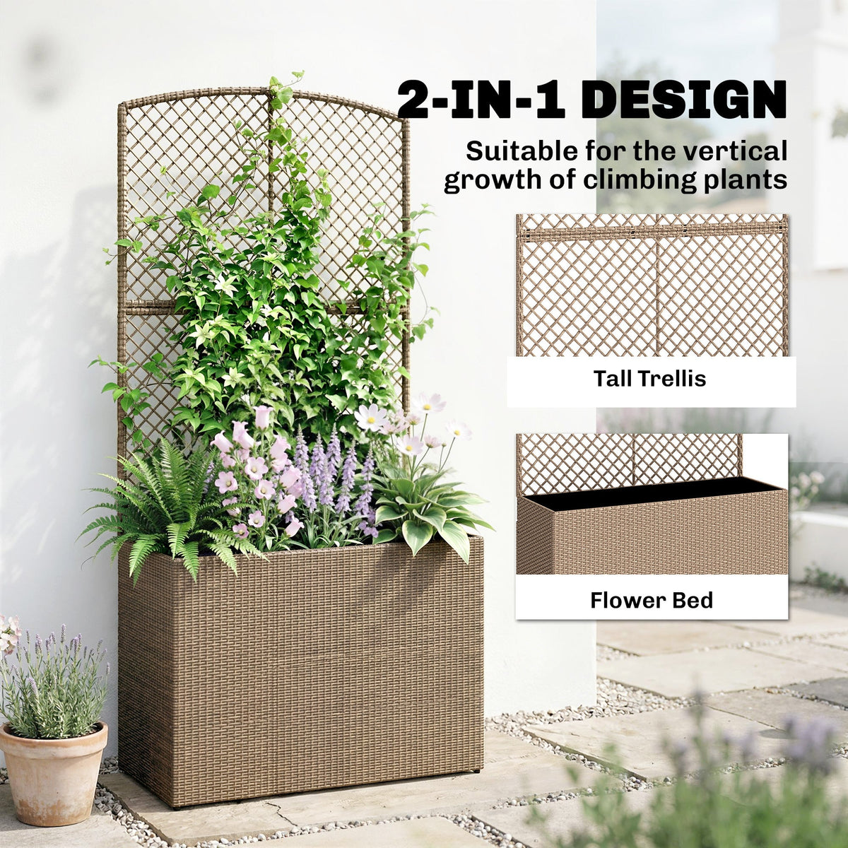 80 x 30 x 163 cm Rattan Raised Planter Box with Trellis and Liner, Light Grey — product view 6