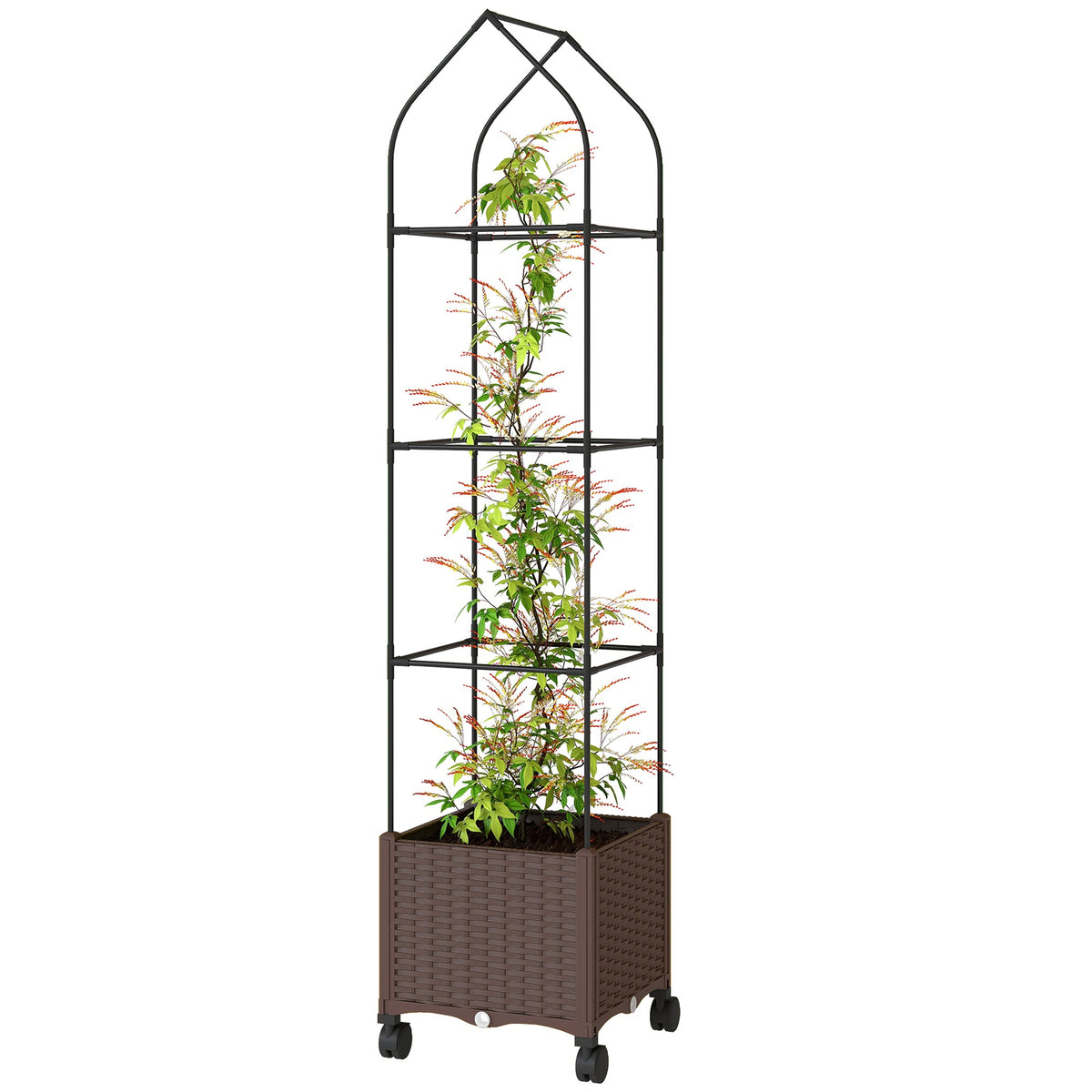 Self Watering Raised Garden Bed with Trellis & Wheels, Brown — product view 2