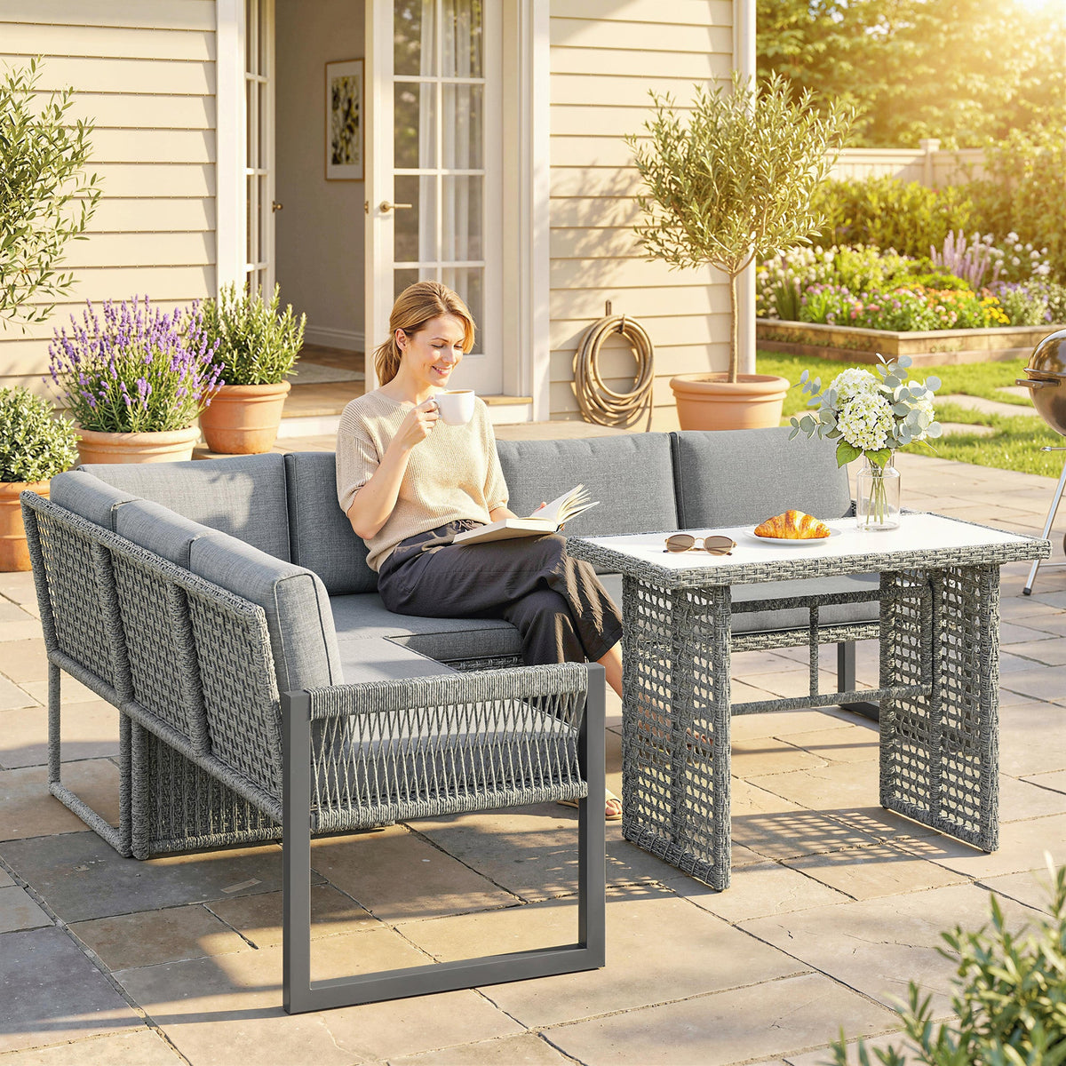 4 Piece Rattan Garden Furniture Set with 3 Loveseats, Grey — product view 4