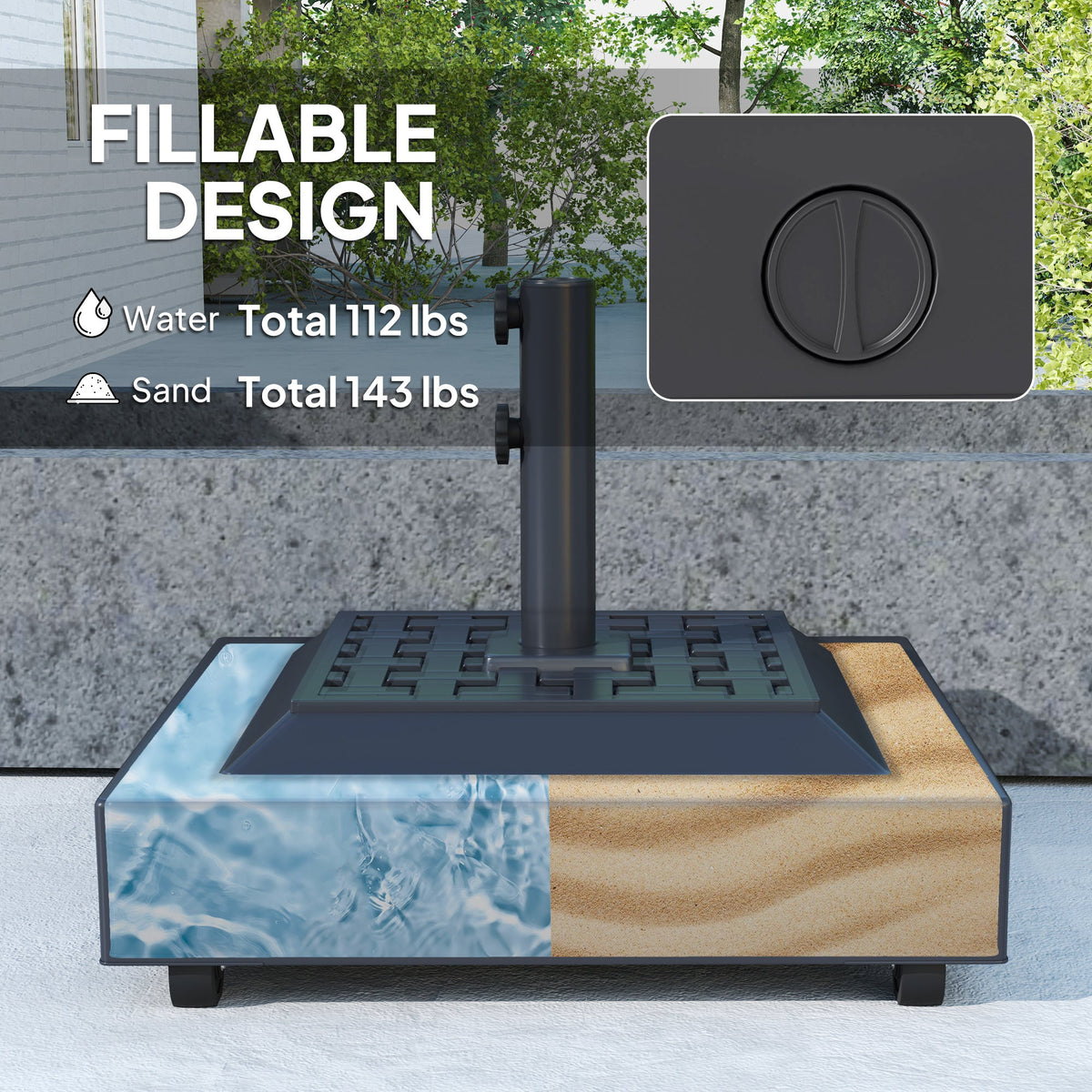 Outdoor Umbrella Base with Wheels, Up to 143lbs Sand or 112lbs Water, Black — product view 7