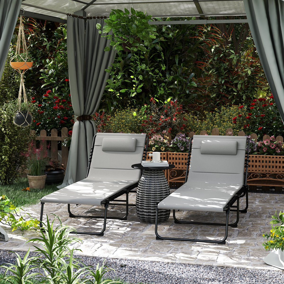 Set of 2 Folding Sun Loungers with Headrest & Side Pocket, Light Grey — product view 3