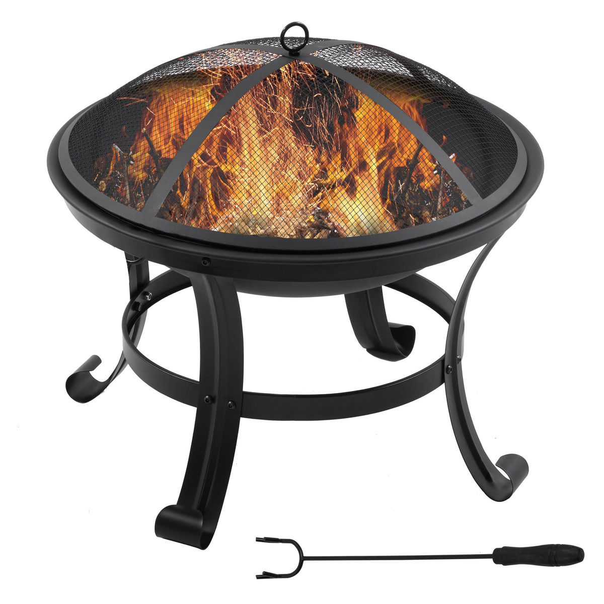 21.7" Outdoor Fire Pit with Mesh Lid and Poker, Black — product view 2