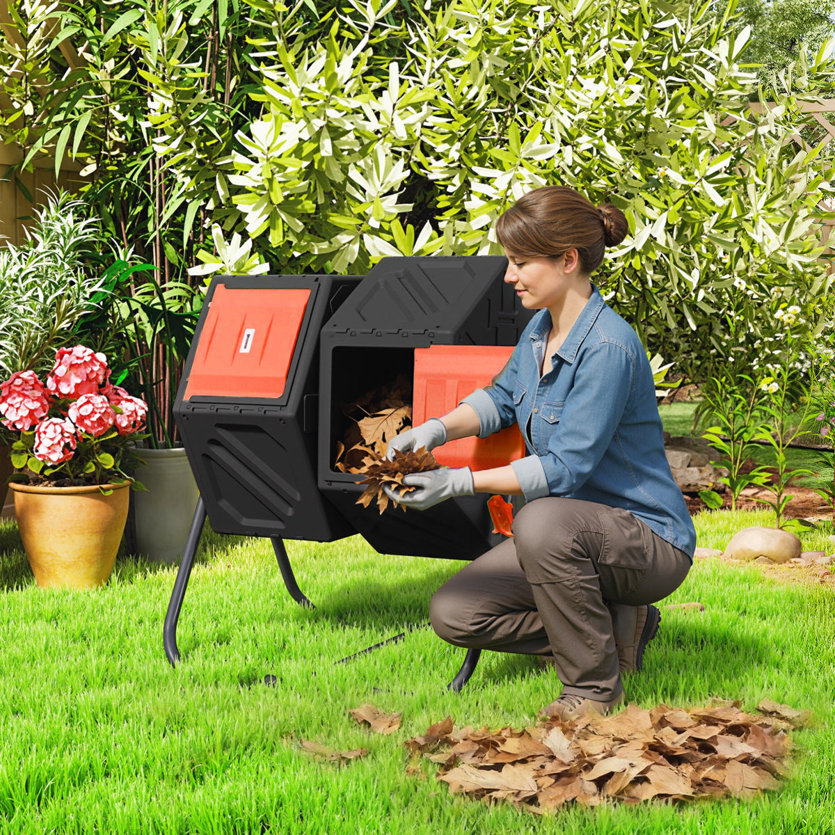 34.5 Gallon Dual Chamber Compost Tumbler with Steel Legs, Orange — product view 3