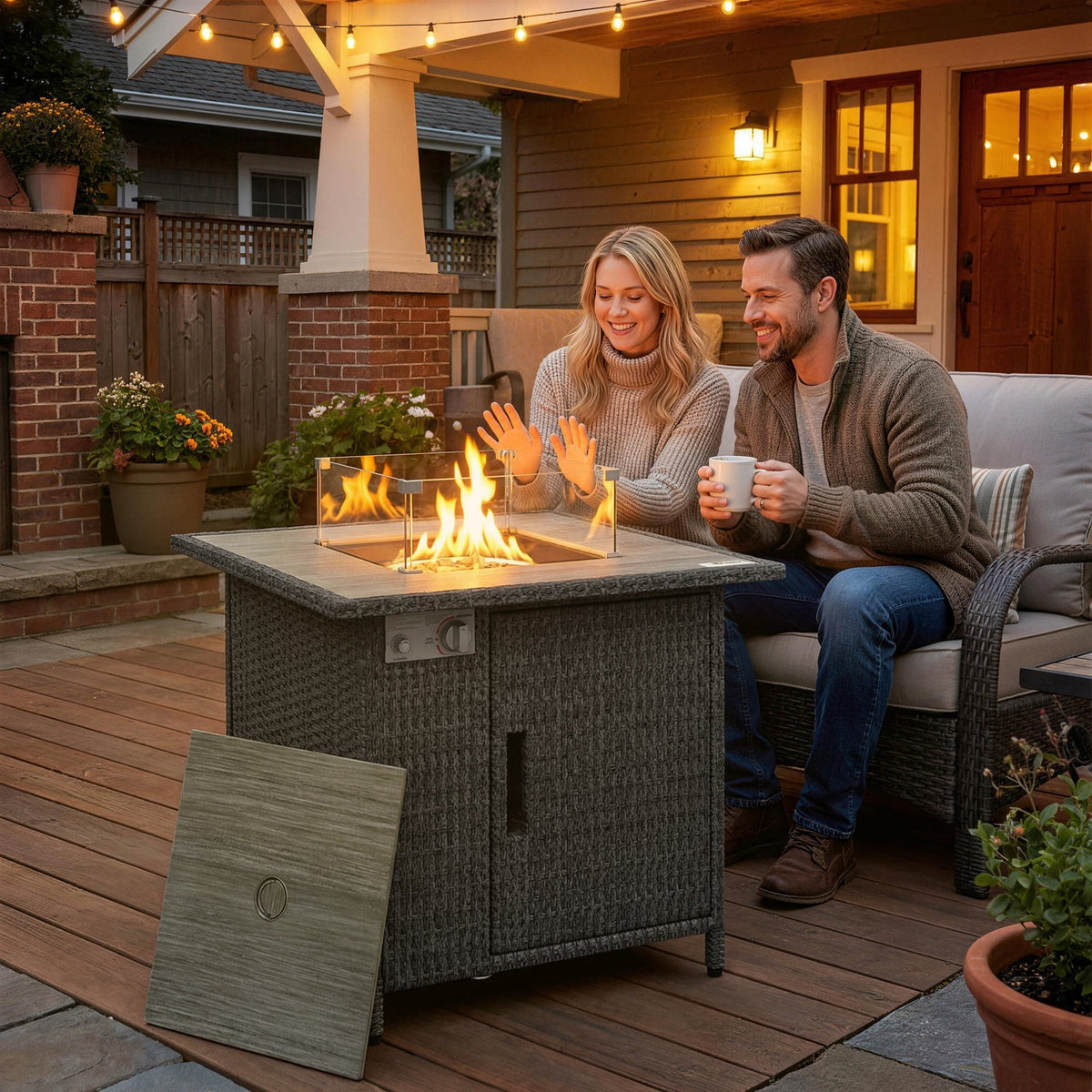 14.5 KW Rattan Gas Fire Pit Table with Cover, Wind Guard & Lid, Dark Grey — product view 3