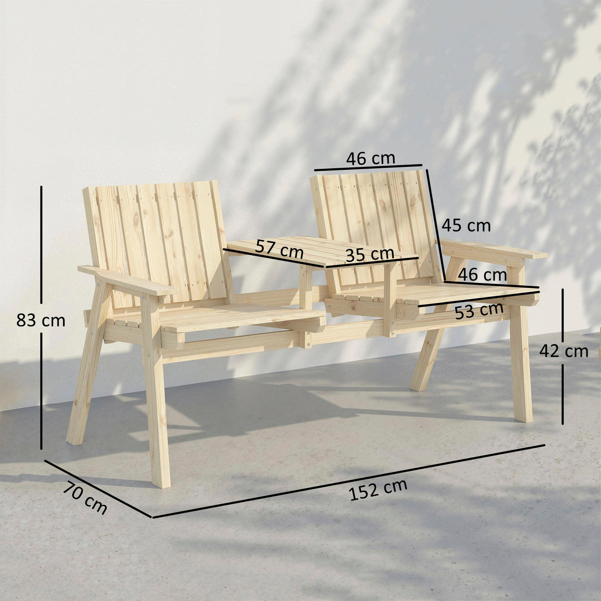 2-Seater Wooden Garden Loveseat with Table and Parasol Hole, Natural — product view 5