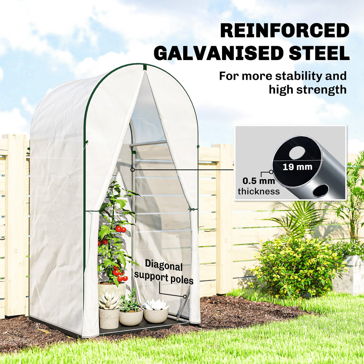 Mini Greenhouse with Roll-Up Door & PE Base, 100 x 100 x 195 cm, White — product view 6