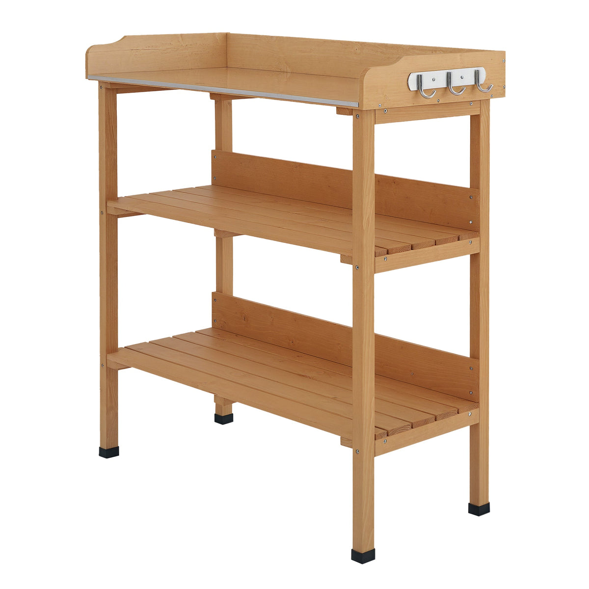 Wooden Potting Bench with Metal Top, Shelf and Hooks, Natural — product view 1