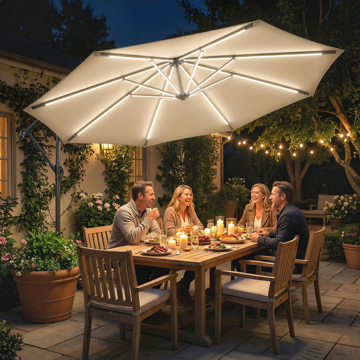 3 m Cantilever Parasol with Solar LED Light, Cover & 360° Rotation, Khaki — product view 4