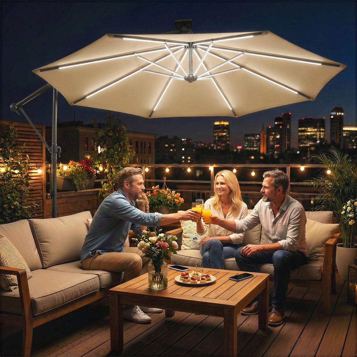 3 m Cantilever Parasol with Solar LED Light, Cover & 360° Rotation, Khaki — product view 3