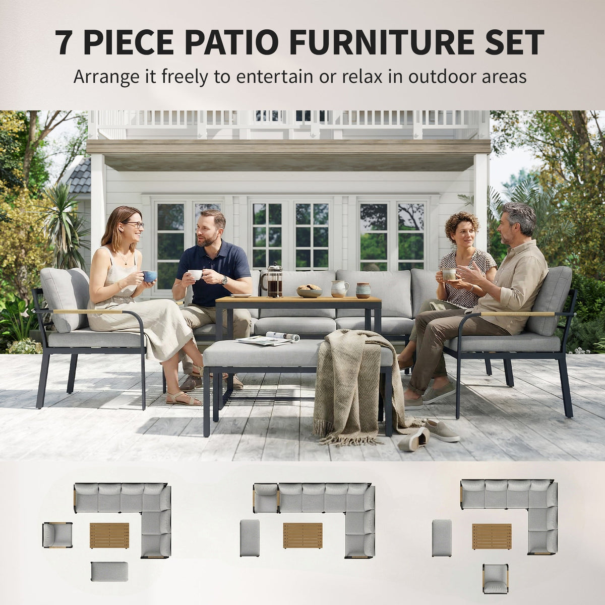 7 Seater Garden Furniture Set with Faux Wood Table, Light Grey — product view 6