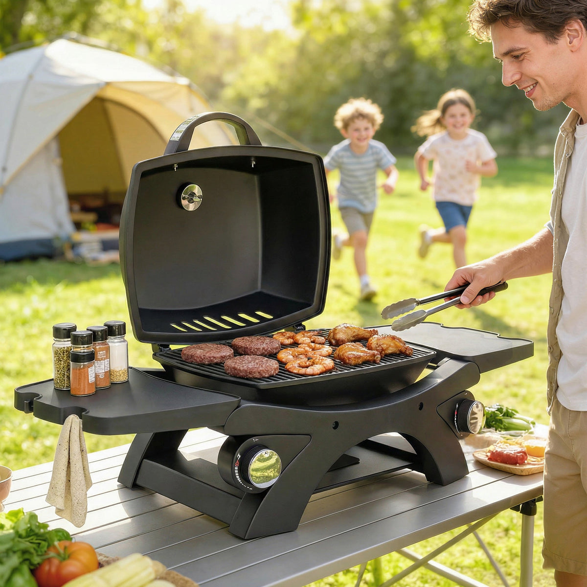 2 Burner Gas Grill with 2 Side Tables and Cast Iron Grates, Black — product view 4