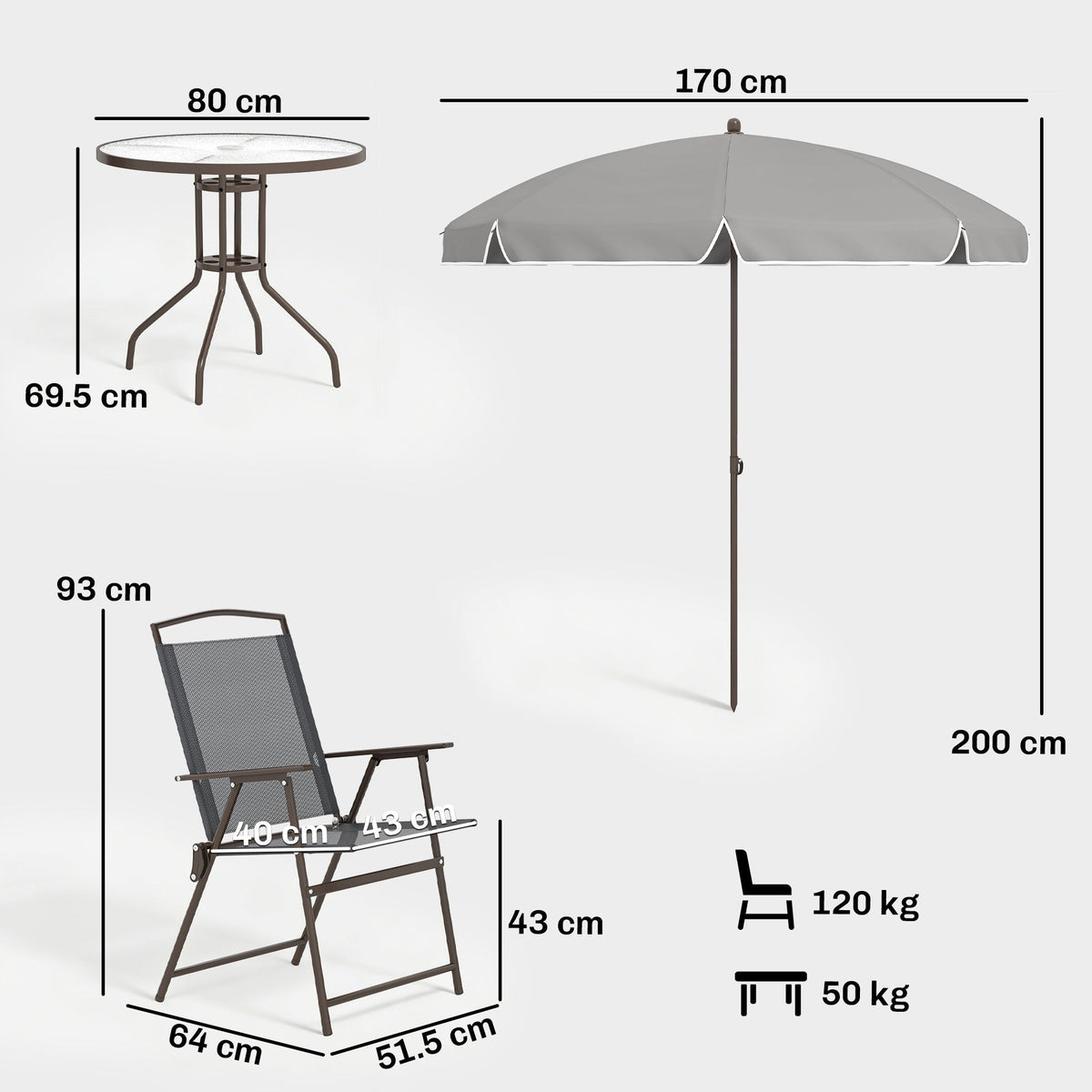 6 Piece Garden Dining Set with Umbrella and Folding Chairs, Dark Grey — product view 5