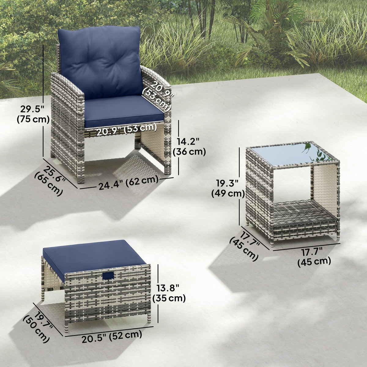 5-Piece Rattan Patio Set with Ottomans & 2-Tier Glass Table, Grey/Dark Blue — product view 5