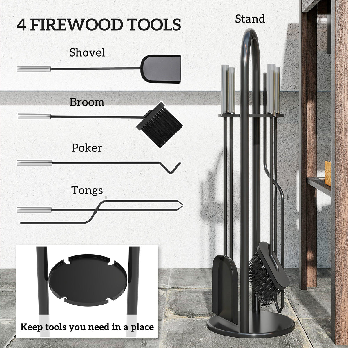 5-Piece Fireplace Tool Set with Brush, Shovel, Poker, Tongs & Stand, Silver Metal — product view 6