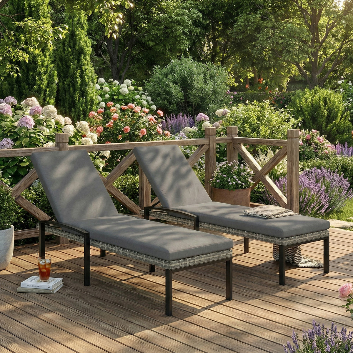 Pair of Wicker Chaise Loungers with 5-Level Backrest & Cushion, Light Grey — product view 4