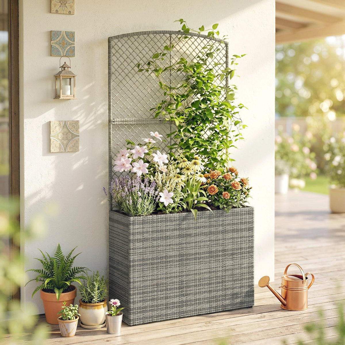 Rattan Planter with Trellis for Climbing Plants, 80 x 30 x 163 cm, Dark Grey — product view 3