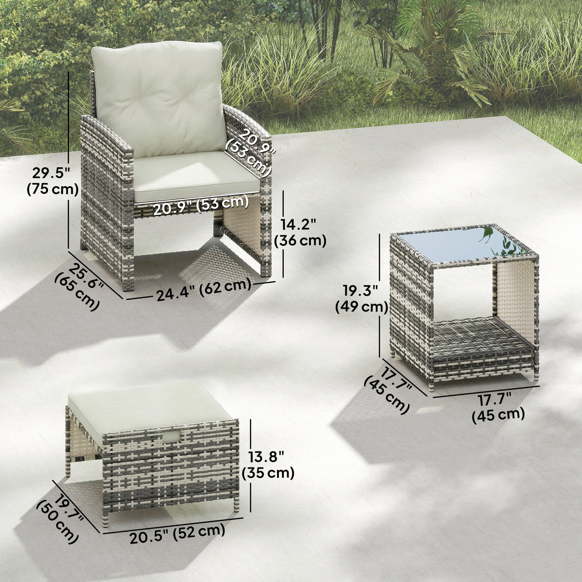 5-Piece Rattan Patio Set with Ottomans and 2-Tier Glass Coffee Table, Grey Cream — product view 5